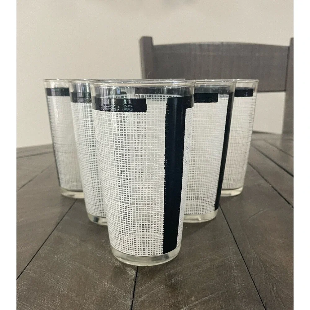 Vintage WHITE BURLAP 6 GLASSES‎ BLACK BORDER~11oz~BEVERAGE~TUMBLER Barware